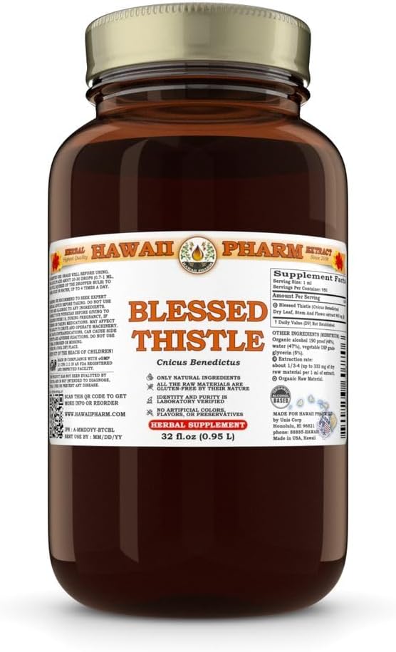 Blessed Thistle (Cnicus Benedictus) Dry Leaf Stem and Flower Tincture Made in Hawaii Raw Materials All Natural Vegan Pure Liquid Extract - 32 fl.oz