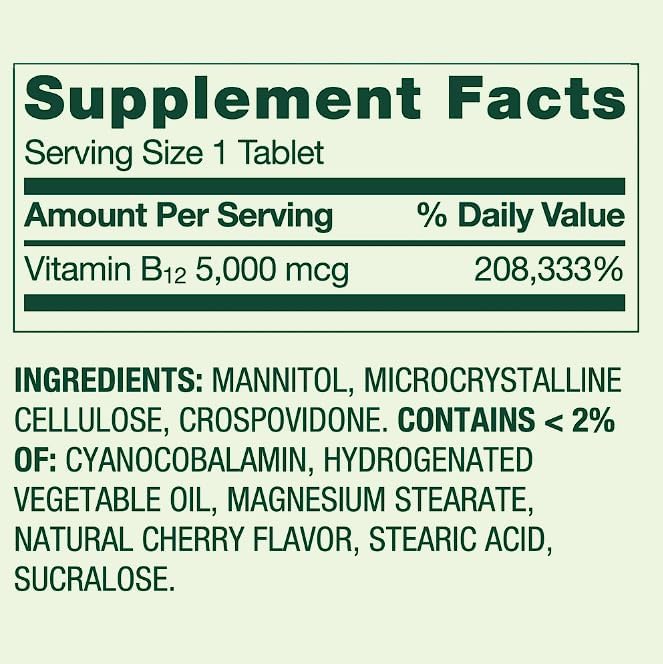 Vitamin B12 Supplement Extra Strength 5000 mcg 300 Count Cherry Fast Dissolve Tablets for Metabolism Support + Daily Supplement Tracker Sticker