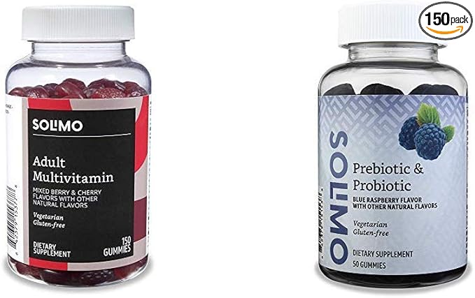 Amazon Basics Adult Multivitamin (150 Gummies) and Prebiotic &amp Probiotic Gummies (50 Gummies)