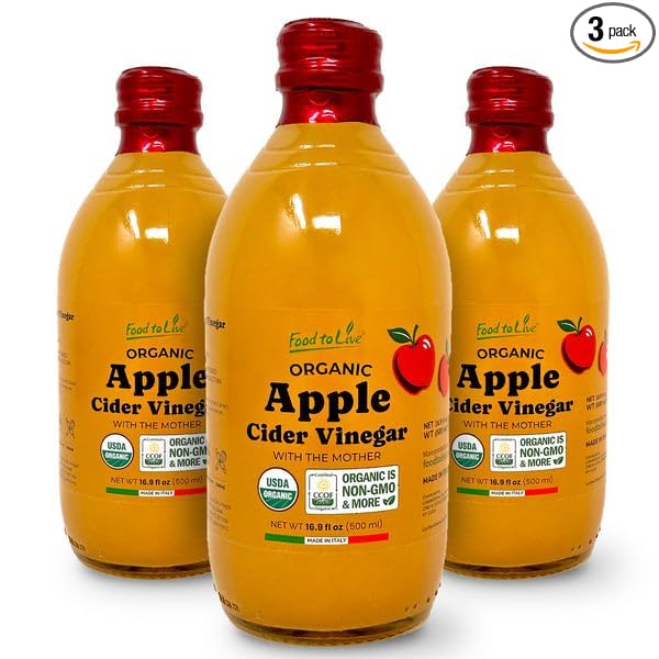 Food To Live Organic Apple Cider Vinegar 500 ml – Raw Italian Natural Vinegar with the Mother Unfiltered Unpasteurized Non-GMO Vegan Bulk Glass Bottle (Pack of 3)