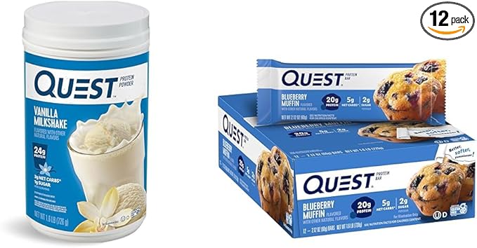 Quest Vanilla Milkshake Protein Powder with 24g Protein Blueberry Muffin Protein Bars with 21g Protein 1.6lb Powder 12 Count Bars