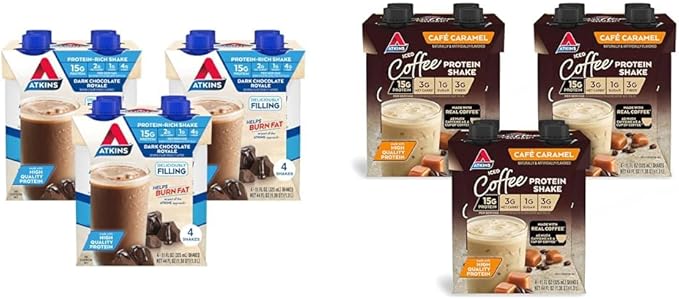 Atkins Dark Chocolate Royale Protein Shake 15g Protein Low Glycemic 2g Net Carb 1g Sugar &amp afé Caramel Iced Coffee Protein Shake 15g Protein Low Glycemic 3g Net Carb 1g Sugar