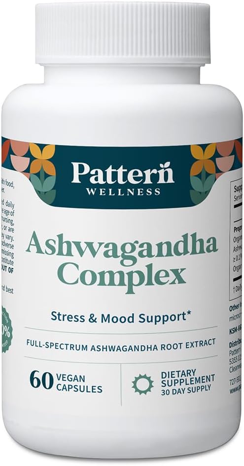 Pattern Wellness Ashwagandha Complex for Men &amp Women – Organic KSM-66® &amp Black Pepper Extract – Supports Stress Response &amp Energy Balance – Non-GMO – 60 Vegan Capsules