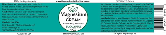 Magnesium Cream with Eucalyptus Scent Topical Cream for Sleep Leg Cramps &amp Pain Muscle Relaxation Calm Moisturizing Supplement with Coconut Oil Shea Butter Aloe 4oz USA Made