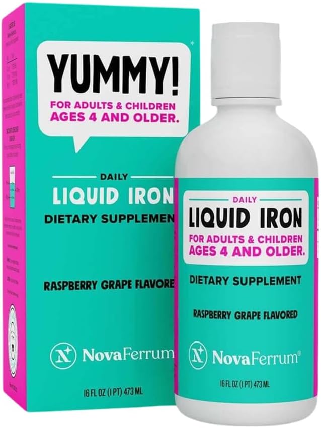 NovaFerrum Yummy 16 Fl Oz | Liquid Iron Supplement for Ages 4 &amp Up | 18mg of Iron/Tbsp | Gluten Free | Sugar-Free | Raspberry Grape