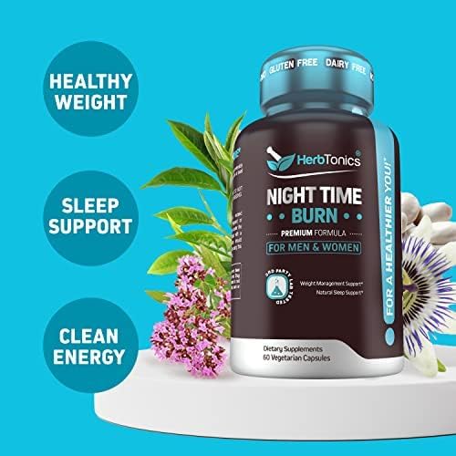 Herbtonics Night Time Burn &amp Sleep Complex Supports Overnight Metabolism Stress Relief &amp Deep Sleep. Includes Melatonin Valerian and Green Tea – Vegan Bedtime Weight Management (120 Capsules