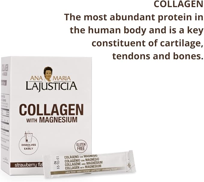 ANA MARIA LAJUSTICIA - Collagen + Magnesium Powder Sticks. Strawberry Flavour - Travel Pack. Hydrolized Collagen for Healthy Skin Bones Nails and Joints. Dairy Gluten and Sugar Free.