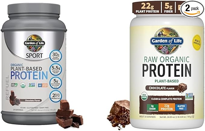 Garden of Life Organic Vegan Sport Protein Powder and Vegan Protein Powder Bundle - Plant-Based Protein BCAAs Probiotics for Muscle Recovery and Digestive Support