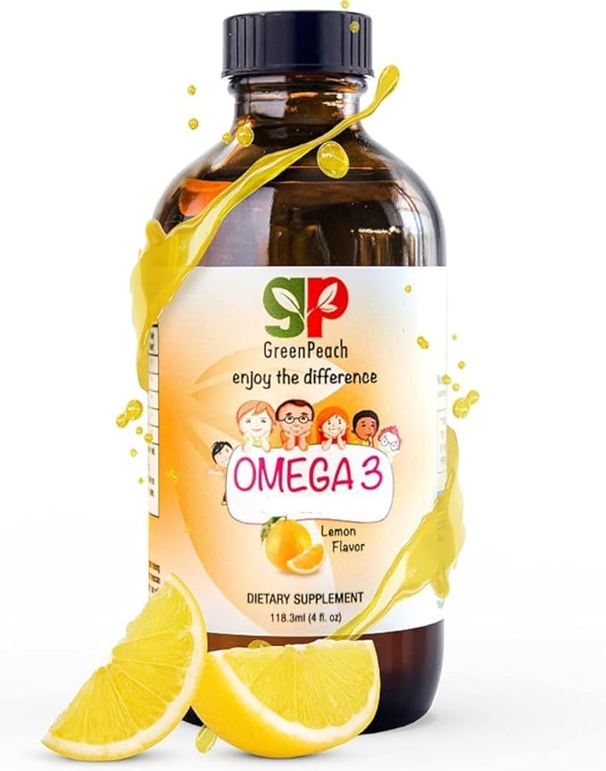 GreenPeach Omega 3 for Kids - 4oz Lemon Flavor Liquid Supplement 525mg Toddler DHA &amp 800mg EPA Natural Formula Kids Fish Oil
