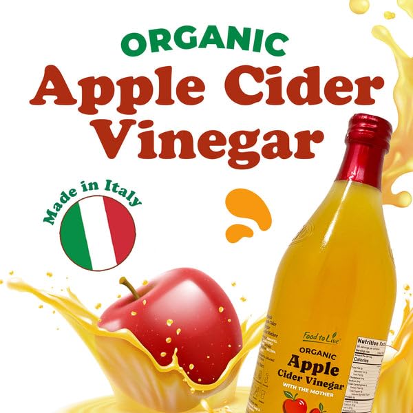 Food To Live Organic Apple Cider Vinegar 1 L – Raw Italian Natural Vinegar with the Mother Unfiltered Unpasteurized Non-GMO Vegan Glass Bottle (Pack of 4)