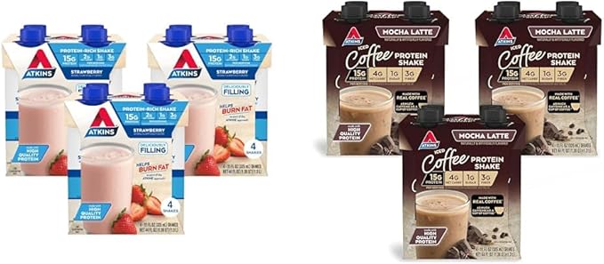 Atkins Strawberry Protein Shake 15g Protein Low Glycemic 2g Net Carb &amp Mocha Latte Iced Coffee Protein Shake 15g Protein Low Glycemic 4g Net Carb 1g Sugar Keto Friendly
