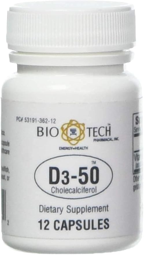 Bio-Tech Pharmacal D3-50 50000 IU 12 Capsules – All-Natural Supplement – Supports Bone &amp Immune Health – No Dairy Fish Gluten Peanut Shellfish &amp Soy