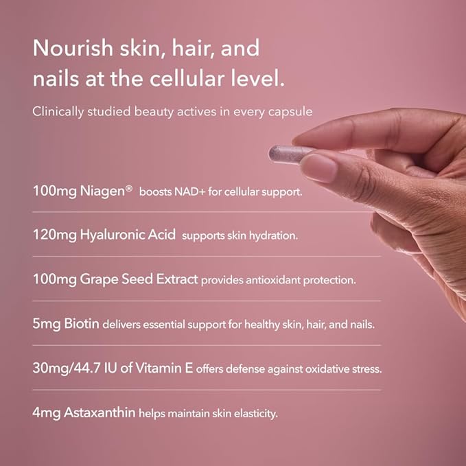 TRU NIAGEN 1000mg + Beauty Bundle. A Full-Spectrum Bundle for Clinical-Strength Daily NAD+ Support and targeted Beauty Actives for Healthy Skin Hair and Nails at the Cellular Level.