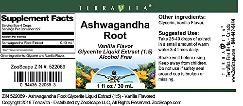 Terravita Ashwagandha Root Glycerite Liquid Extract (1:5) - Vanilla Flavored (1 oz ZIN: 522069)