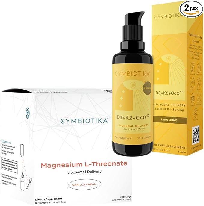 CYMBIOTIKA Liposomal Magnesium L-Threonate &amp Vitamin D3 + K2 + CoQ10 Bundle Focus Memory Brain Support Immune Support Heart Health &amp Bone Health Energy Booster Vegan Keto