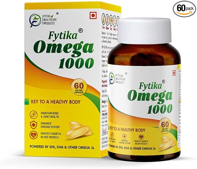 Omega 3 Fish Oil 1000mg 60 Capsules for Heart Eye Skin Brain Joint &amp Muscle Support | Omega 3 1000mg Fatty Acid Capsule enriched with EPA 360mg+DHA 240mg &amp Omega Fatty Acids 400mg