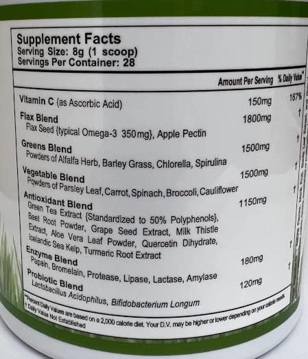 Super Omega Greens Complete Superfood Supplement with Greens Vegetables Flax Fiber Antioxidants Enzymes Probiotics Vitamin C and Omega 3-7.9oz Powder