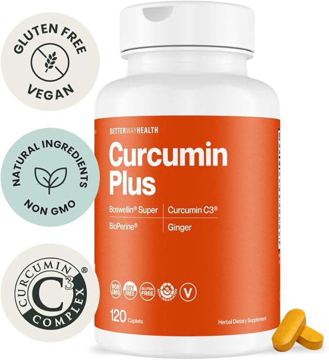 Better Way Health™ Curcumin Plus – Turmeric Curcumin C3® Complex with Boswellin® BioPerine® and Ginger – Joint Support &amp Inflammation Relief Supplement – 120 Caplets