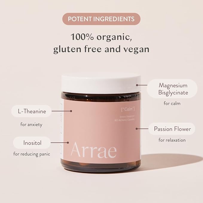Arrae Calm Cortisol Manager - 60 Stress &amp Panic Relief Capsules - Mood Support Supplement w/L-Theanine Inositol Passionflower &amp Magnesium to Help You Feel Zen