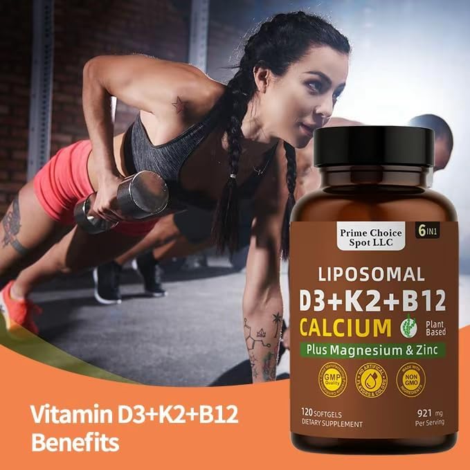 Vitamin D3 K2 B12 with Calcium Magnesium Zinc – 6-in-1 Bone &amp Muscle Support Complex | High Potency D3 5000 IU + K2 MK7 for Calcium Absorption Mobility &amp Energy | Non-GMO 120 Softgels