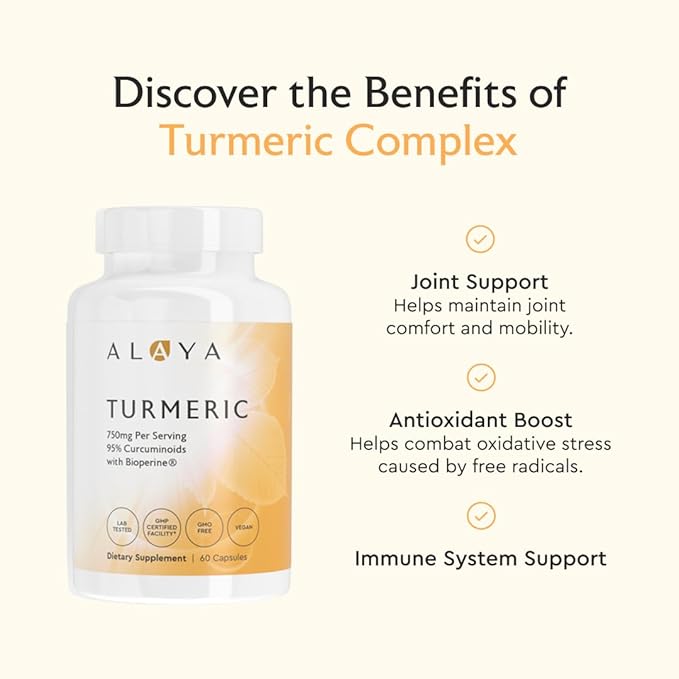 Alaya Naturals Turmeric Curcumin Supplement with BioPerine – 750mg Per Serving 95% Curcumin Extract Turmeric Capsules for Joint Comfort Mobility &amp Absorption – Non-GMO Vegan Lab Tested