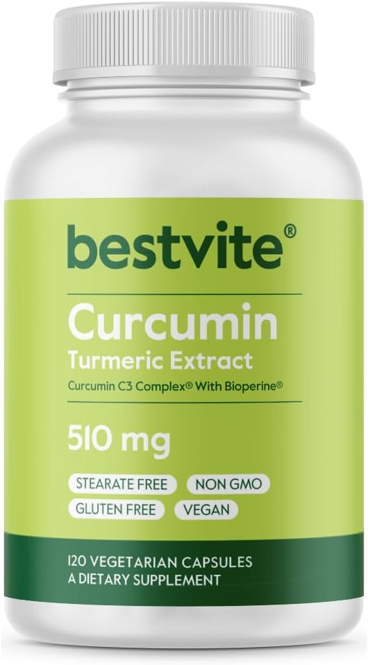 BESTVITE Curcumin 510mg (Turmeric)(120 Vegetarian Capsules) with Curcumin C3 Complex &amp Bioperine - Standardized to 95% Curcuminoids - No Stearates - Vegan - Non GMO - Gluten Free