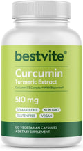 BESTVITE Curcumin 510mg (Turmeric)(120 Vegetarian Capsules) with Curcumin C3 Complex &amp Bioperine - Standardized to 95% Curcuminoids - No Stearates - Vegan - Non GMO - Gluten Free