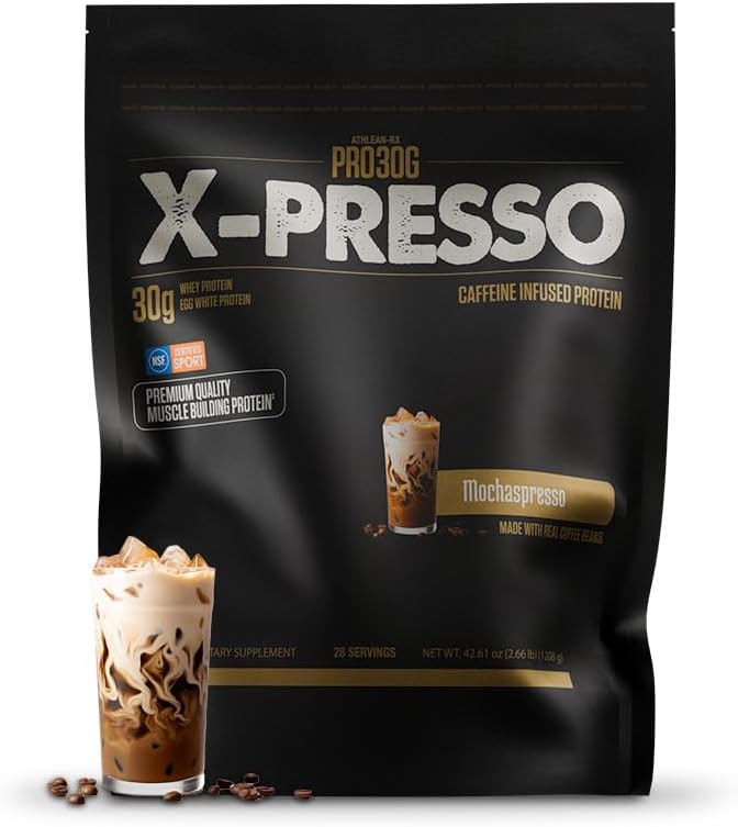ATHLEAN-X PRO-30G Xpresso Premium Caffeinated Protein Powder Mochaspresso Gluten-Free Low Sugar 30g of High Protein Powder for Muscle Recovery &amp Growth NSF Certified for Sports