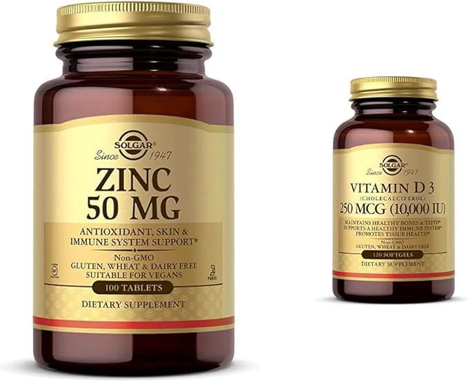 Solgar Zinc 50 mg 100 Tablets - Zinc for Healthy Skin Taste &amp Vision - Immune System &amp Antioxidant with Vitamin D3 (Cholecalciferol) 250 MCG (10000 IU) 120 Softgels - Helps Maintain Health