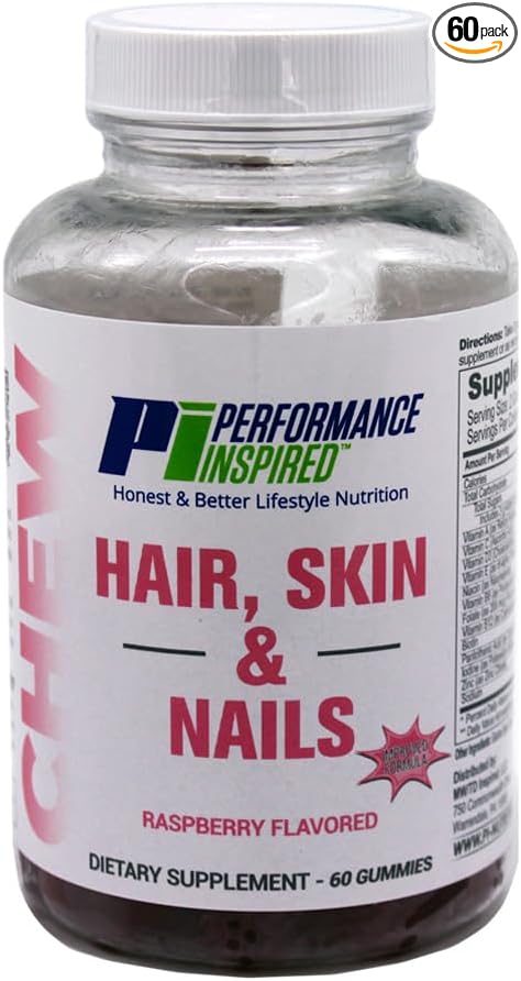 PERFORMANCE INSPIRED Hair Skin &amp Nails Gummies – 3000mcg Biotin 5mg Zinc – Supports Hair Growth Radiant Skin &amp Strong Nails – Raspberry Flavor – 60 Count