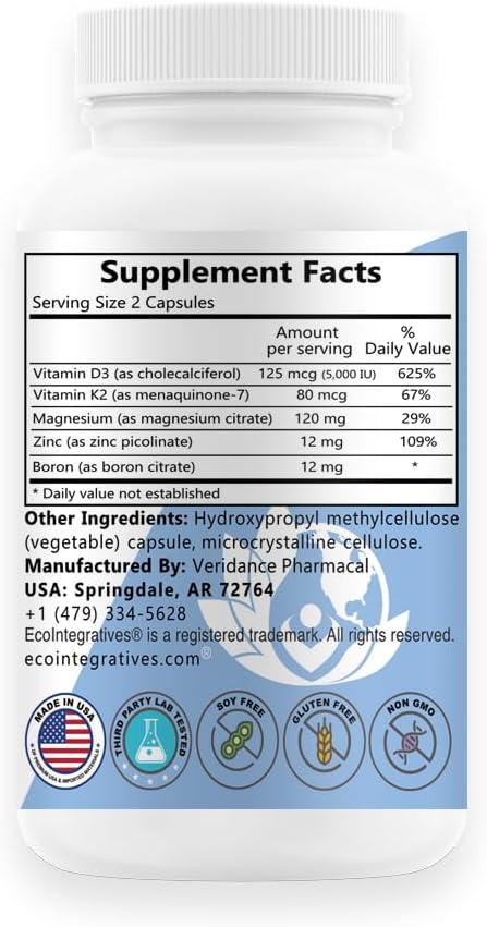 D3 Plus Boron Vitamin K2 Magnesium Zinc Supports Cardiovascular Nerves Muscles Bone Teeth Gums Immune Health Tissue Repair Balance Hormones Metabolism 180 Vegan caps