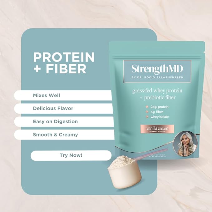StrengthMD Physician Formulated Protein + Fiber Shake for GLP-1 Support | 24g Protein Grass-Fed Whey 4g Fiber &amp Digestive Enzymes Low Carb No Added Sugar Vanilla 1.72 lb