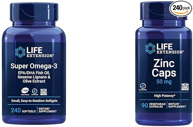 Life Extension Super Omega-3 EPA/DHA Fish Oil Sesame Lignans &amp Olive Extract - Omega 3 Supplement &amp Zinc Caps zinc 50 mg zinc Citrate Support The Body's Immune defenses