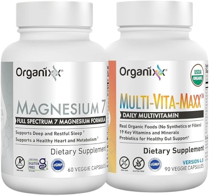 Organixx Magnesium 7 (60 Caps) &amp Multi-Vita-Maxx (90 Caps) Bundle USDA Organic Multivitamin with 19 Vitamins &amp Minerals Bioavailable Magnesium Supports Energy Vegan &amp Non-GMO