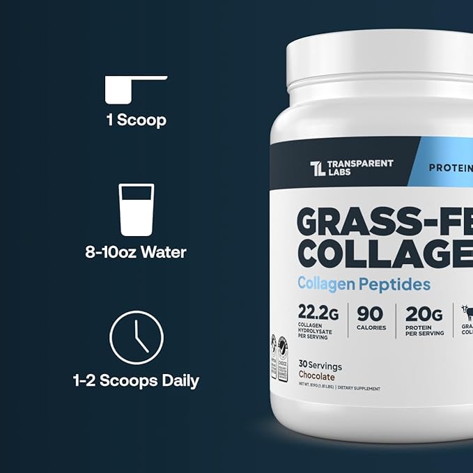 Transparent Labs Grass-Fed Collagen Peptides Powder - Collagen Powder for Women &amp Men 22G Bovine Hydrolyzed Collagen Peptides Powder for Skin Hair Bones &amp Muscle Recovery - Chocolate 30 Se