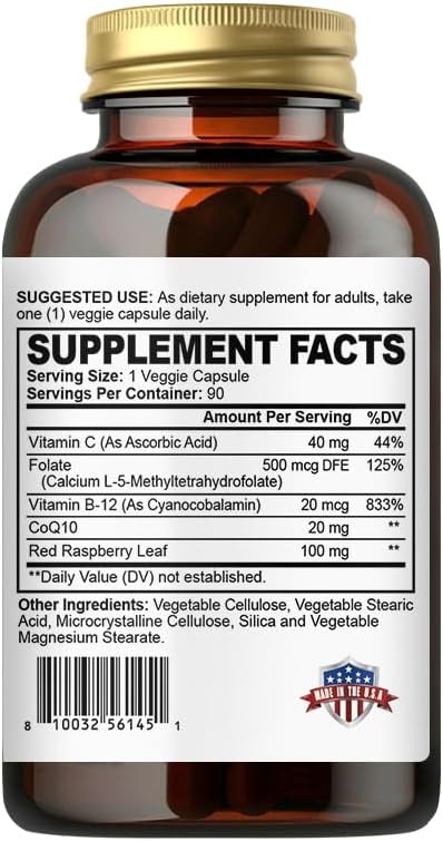 Activated Folate-L 5-MTHF DFE Supplement - Methylfolate B9 MTHF with Vitamin B12 CoQ10 &amp Red Raspberry - Methylated L-Methylfolate for Men and Women - 500 mcg - 90 Veggie Capsules