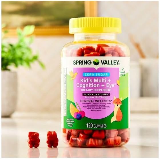 H4U Spring Valley Zero Sugar Kid’s Multi + Cognition + Eye Gummy Natural Fruit Flavors 120 Count