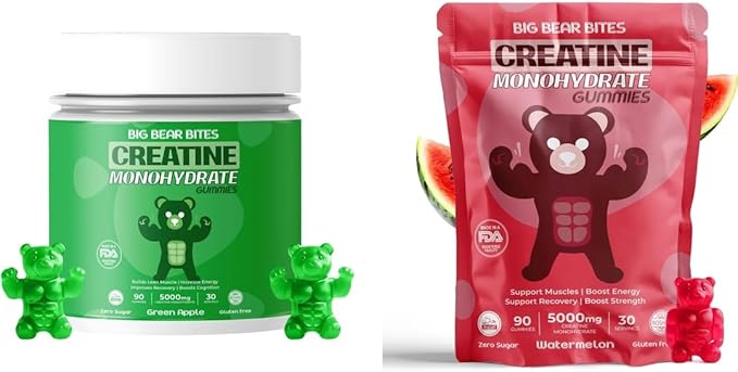 Creatine Monohydrate Gummies Bundle – Green Apple &amp Watermelon | 5000mg Per Serving | Sugar-Free Gluten-Free &amp Halal | 180 Gummies Total (2 x 90 Count) | for Men &amp Women