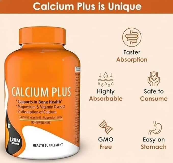 Calcium Plus with Calcium Citrate Vitamin D Magnesium and Zinc Ideal Supplement for Joint Support of Men &amp Women - 120 Tablets