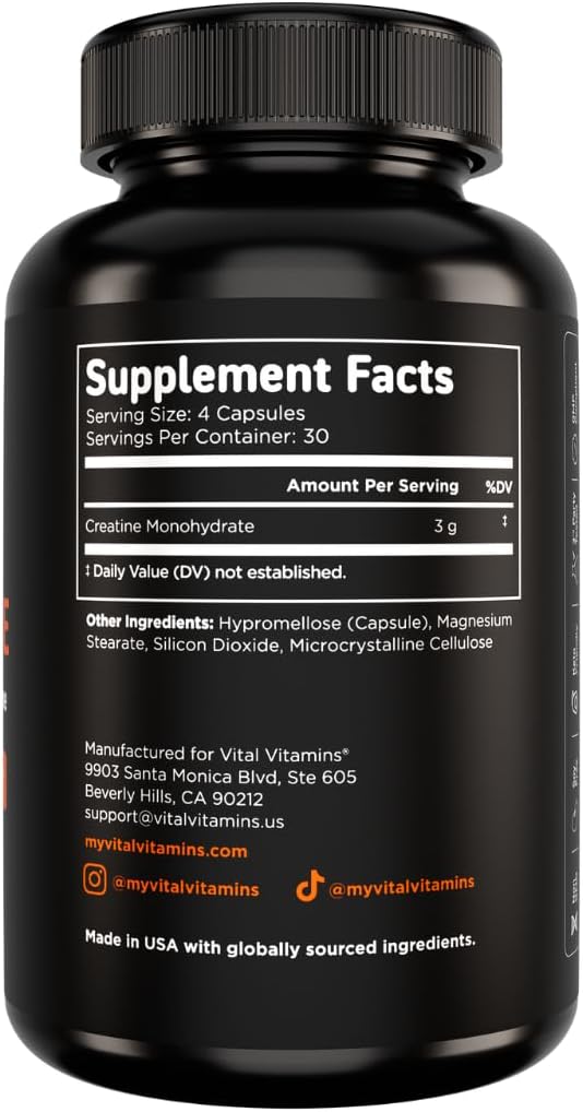 Vital Vitamins Creatine Monohydrate Pills for Women &amp Men - Micronized Creatine Capsules - Cognitive Strength Recovery Support - 3g (3000mg) per Serving - Vegan Non-GMO 120 Count