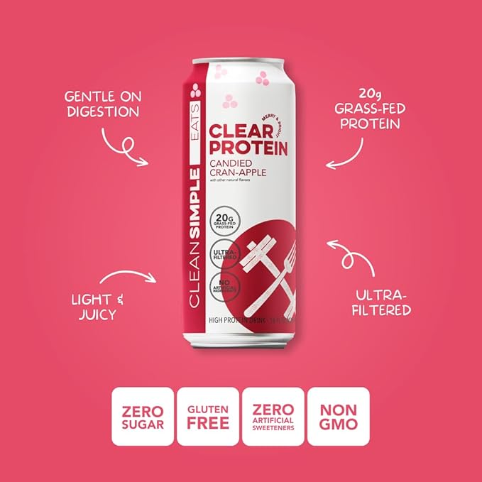 Clean Simple Eats Clear Protein Water 20G Grass Fed Whey Protein Ultra Filtered Light &amp Refreshing Beverage Low Lactose No Artificial Ingredients Candied Cran-Apple Flavor 16 Oz Cans 12 Pa