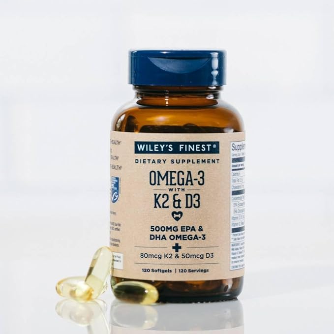 Wiley's Finest Wild Alaskan Fish Oil Vitamin K2 &amp D3 Softgels - 500mg of EPA and DHA Omega-3s for Bone and Heart Health Support - 120 Softgels (120 Servings)