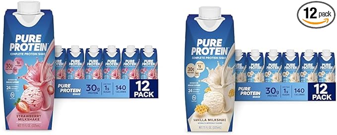 Pure Protein Strawberry and Vanilla Protein Shakes 30g Complete Protein 11oz Bottles 12 Pack Bundle
