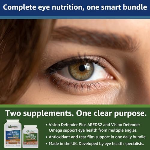 Vision Defender Plus &amp Omega Eye Bundle – Eye Supplements with AREDS2 (Lutein Zeaxanthin Vitamin C &amp E Copper Zinc) Meso-Zeaxanthin Omega-3 Fish Oil (EPA DHA). Made in UK