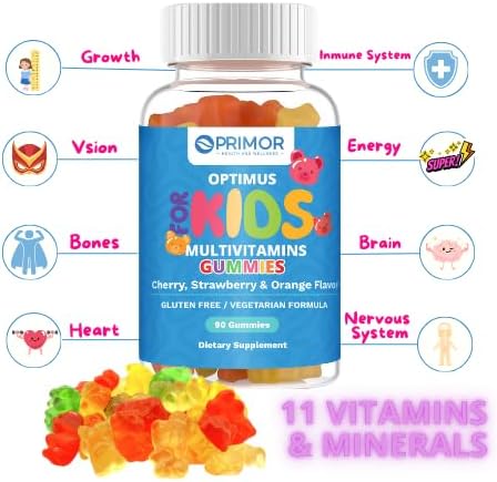 Kids 11 Vitamins &amp Minerals Gummies for Overall Health and Immune Support -Delicious Flavor – Vegetarian – Gluten Free – 100% Natural - Ages 2+ Made in USA- 90 Gummies