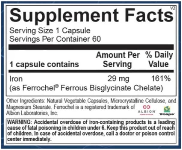 Gentle Iron | 29 mg Ferrous Bisglycinate for Energy &amp Red Blood Cell Support | Gentle on Stomach | 60 Capsules