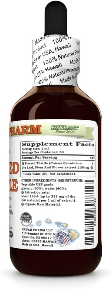 Blessed Thistle (Cnicus Benedictus) Dry Leaf Stem and Flower Glycerite Made in Hawaii Raw Materials All Natural Vegan Lab Tested Alcohol-Free Liquid Extract - 2 fl.oz