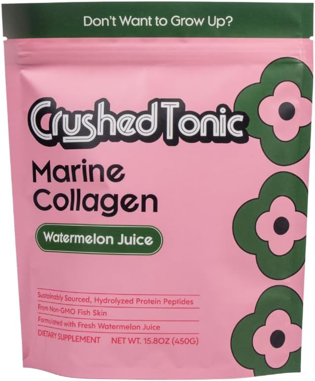 Crushed Tonic Korean Beauty Collagen Powder | Hydrolyzed Marine Collagen Peptides for Skin Glow Hair &amp Nails | K-Beauty Drink | Gluten-Free Halal &amp Kosher (Watermelon 30 Servings (150 g) P