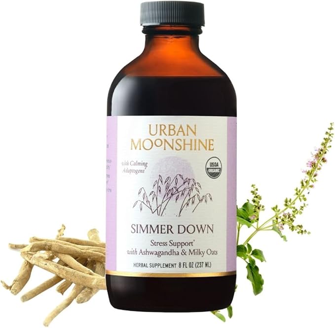 Urban Moonshine Simmer Down Tonic - Stress Support with Ashwagandha &amp Milky Oats - Adaptogenic &amp Nervine Herbs - Soothes Nervousness - Promotes Mellow Mood - Non-Drowsy Herbal Supplement - 8 F