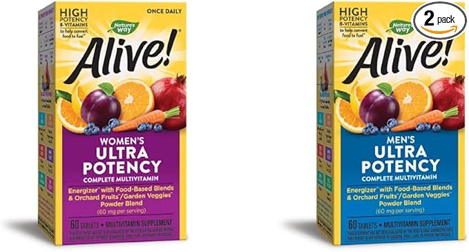 Nature's Way Alive! Once Daily Multivitamin Bundle: Women's &amp Men's Ultra Potency Food-Based Blends 60 Tablets Each
